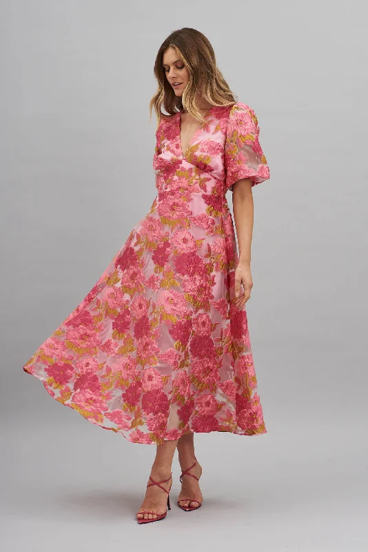 Midi dresses with fringe details for a fun and energetic styleOpulence Midi Dress In Pink Floral Organza Burnout Midi dresses with fringe details for a fun and energetic styleOpulence Midi Dress In Pink Floral Organza Burnout