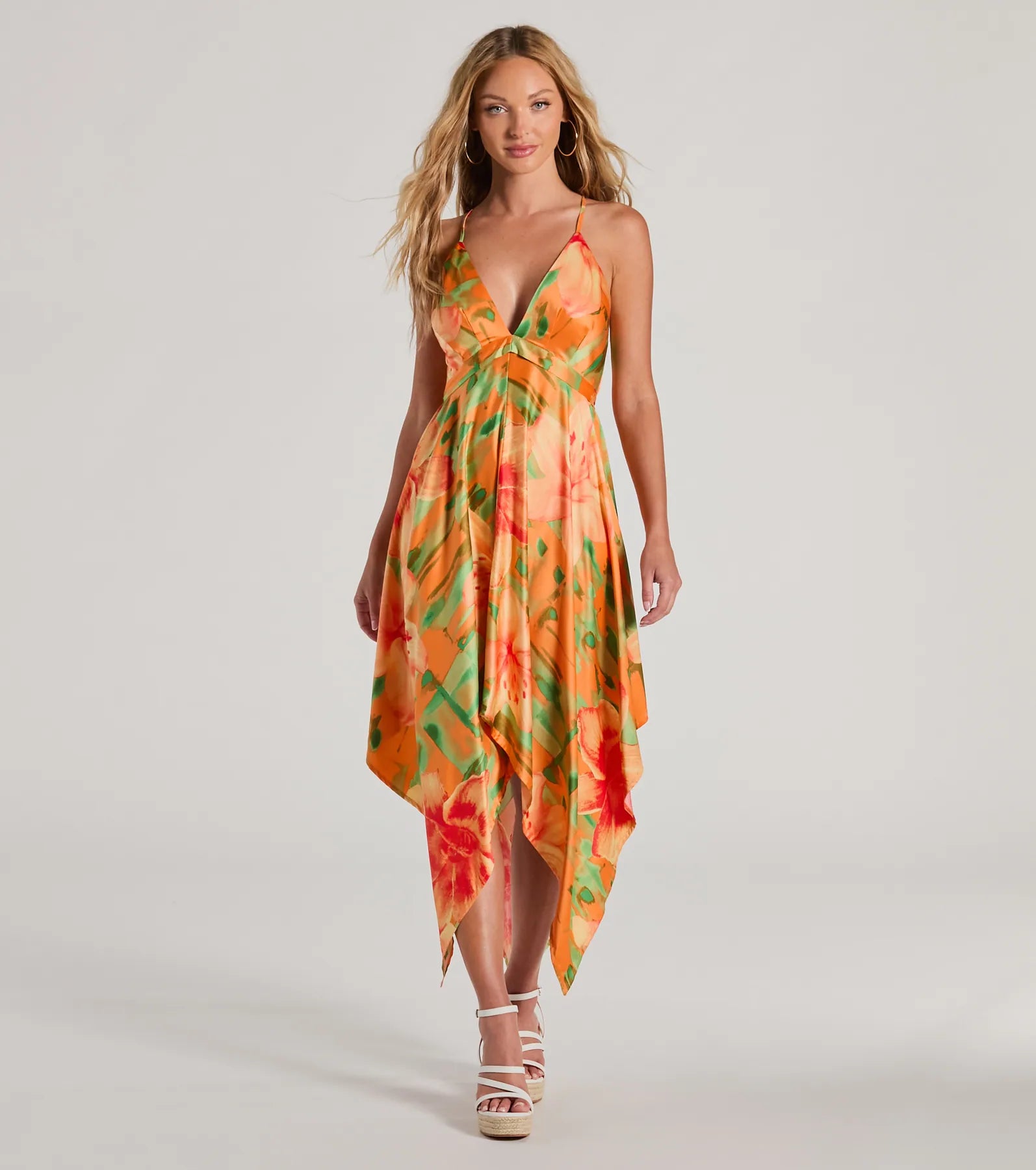 Paradise Bound Tropical Floral Satin Midi Dress