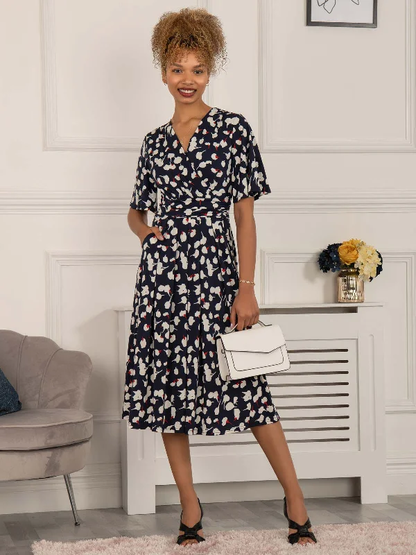 Quyn Angel Sleeve Jersey Dress, Navy White Floral