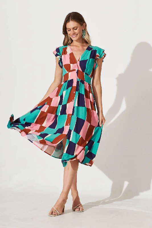 A - line midi dresses with floral prints for spring brunchesRita Midi Dress In Multi Abstract Squares Print
