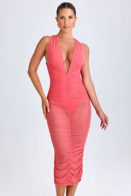 Midi dresses with satin - finish fabrics for a luxurious feelRuched Plunge Midaxi Dress in Coral Midi dresses with satin - finish fabrics for a luxurious feelRuched Plunge Midaxi Dress in Coral
