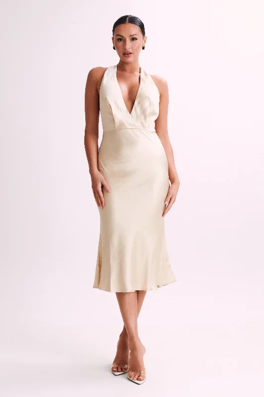 Midi dresses with button - down skirts for a unique and functional designTerri Satin Cowl Midi Dress - Gold Midi dresses with button - down skirts for a unique and functional designTerri Satin Cowl Midi Dress - Gold