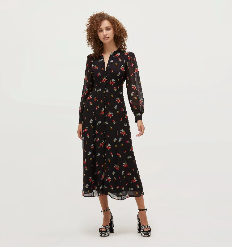 Midi dresses with one - shoulder designs for a modern and asymmetric styleThe Cindra Dress - Black Ikat Floral Georgette Midi dresses with one - shoulder designs for a modern and asymmetric styleThe Cindra Dress - Black Ikat Floral Georgette