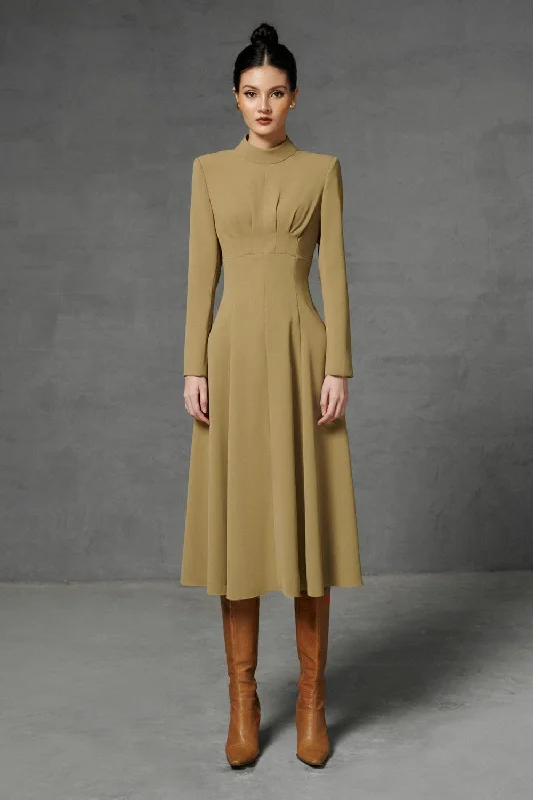 Tullia A-line Turtle Neck Twill Dress