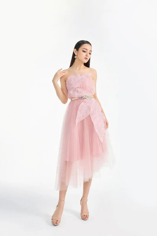 Midi dresses with one - shoulder designs for a modern and asymmetric styleVerity Strapless Gathered Mesh Sheer Midi Dress Midi dresses with one - shoulder designs for a modern and asymmetric styleVerity Strapless Gathered Mesh Sheer Midi Dress
