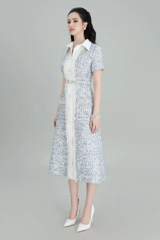 Yuki A-line Short Sleeved Tweed Midi Dress