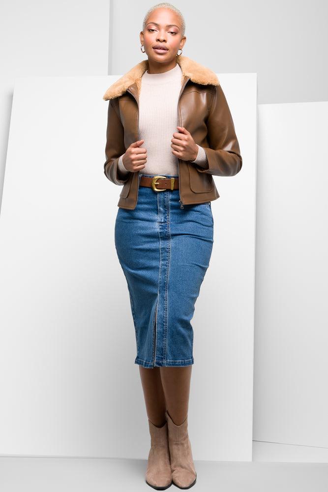 Men's Denim Jean Jacket with a Sherpa Lining for Winter WarmthMidi Denim Skirt Blue
