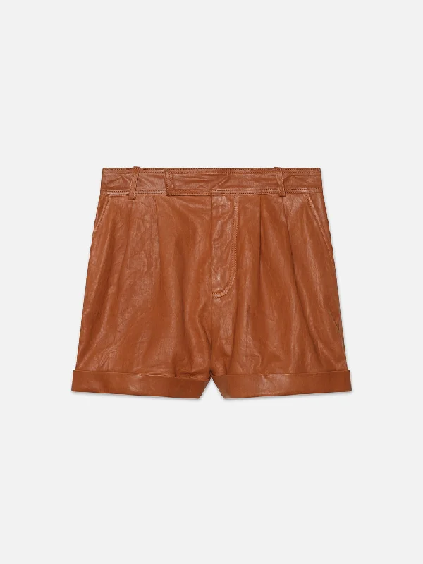 Pleated Wide Cuff Leather Short -- Light Whiskey