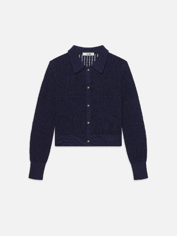 Men's Denim Hooded Shirt in Medium Wash for Outdoor Hiking TripsShrunken Crochet Cardi -- Navy Men's Denim Hooded Shirt in Medium Wash for Outdoor Hiking TripsShrunken Crochet Cardi -- Navy