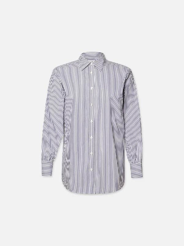 Men's Denim Button - Down Shirt with Roll - Up Cuffs for a Relaxed Summer VibeThe Borrowed Shirt -- Dark Chambray Multi Men's Denim Button - Down Shirt with Roll - Up Cuffs for a Relaxed Summer VibeThe Borrowed Shirt -- Dark Chambray Multi
