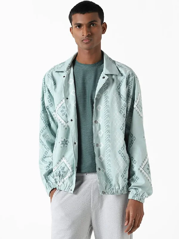 Women's low - rise denim pants Distressed women jeans for a trendy and edgy look ETA Light Teal Printed Cotton Relaxed-Fit Jacket Women's low - rise denim pants Distressed women jeans for a trendy and edgy look ETA Light Teal Printed Cotton Relaxed-Fit Jacket