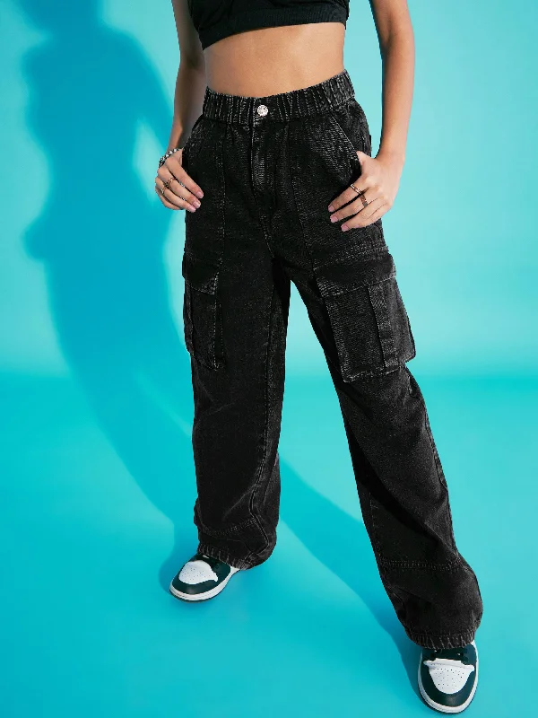 Women's pants for music festivals Ripped women jeans for a rebellious and fashion - forward style Girls Black Acid Wash Elasticated Waist Cargo Jeans Women's pants for music festivals Ripped women jeans for a rebellious and fashion - forward style Girls Black Acid Wash Elasticated Waist Cargo Jeans