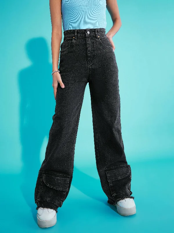 Women's pants for music festivals Ripped women jeans for a rebellious and fashion - forward style Girls Black Acid Wash Hem Pocket Straight Jeans