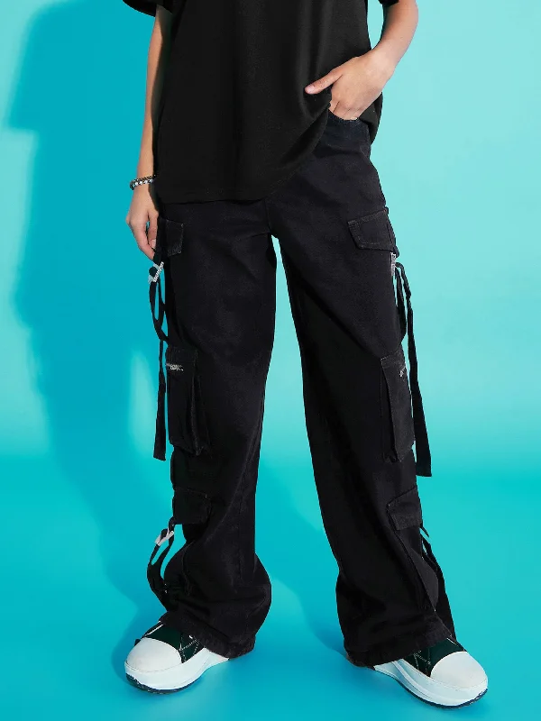 Women's straight - leg lounge pants Mom jeans for a nostalgic and casual look Girls Black Acid Wash Side Tape Cargo Jeans Women's straight - leg lounge pants Mom jeans for a nostalgic and casual look Girls Black Acid Wash Side Tape Cargo Jeans