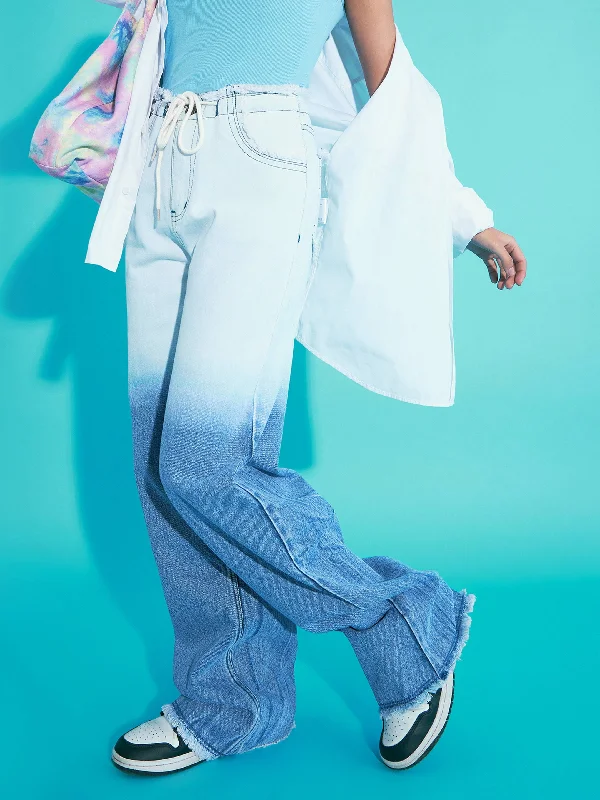 Women's pants for office meetings High - waisted women jeans for a flattering silhouette Girls Blue & White Ombre Effect Straight Jeans Women's pants for office meetings High - waisted women jeans for a flattering silhouette Girls Blue & White Ombre Effect Straight Jeans