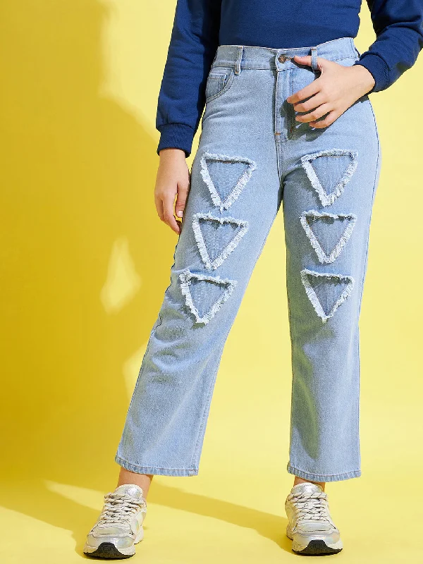Women's printed floral pants High - waisted women jeans for a flattering silhouette Girls Ice Blue Triangle Patch Jeans Women's printed floral pants High - waisted women jeans for a flattering silhouette Girls Ice Blue Triangle Patch Jeans
