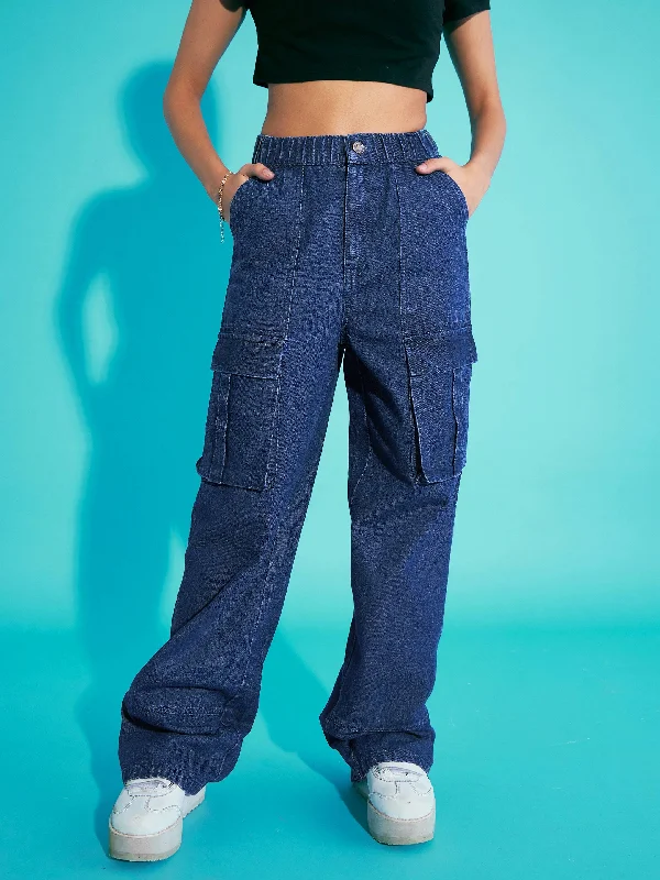 Women's pants with hidden pockets Embellished women jeans with studs or rhinestones for a glamorous touch Girls Navy Blue Acid Wash Elasticated Waist Cargo Jeans Women's pants with hidden pockets Embellished women jeans with studs or rhinestones for a glamorous touch Girls Navy Blue Acid Wash Elasticated Waist Cargo Jeans