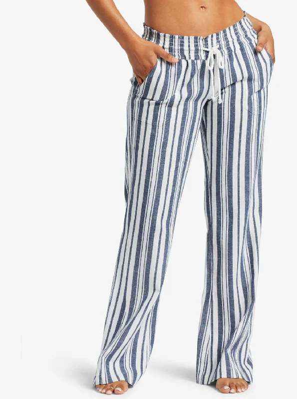 Women's linen summer pants High - rise flare women jeans for a 70s - inspired look Oceanside Flared Pants - Mood Indigo Paradise Stripe Women's linen summer pants High - rise flare women jeans for a 70s - inspired look Oceanside Flared Pants - Mood Indigo Paradise Stripe