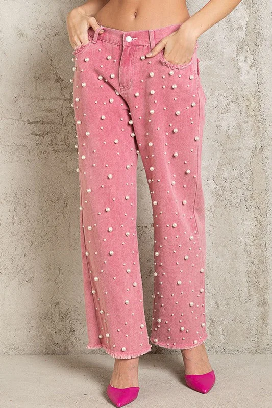 Women's leather moto pants Wide - leg women jeans for a modern and relaxed vibe Pearl Designs Pink Denim Jeans Women's leather moto pants Wide - leg women jeans for a modern and relaxed vibe Pearl Designs Pink Denim Jeans