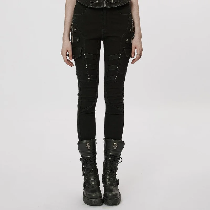 Women's pants with reflective strips Acid - wash women jeans with a retro finish Women's Punk Multi-Pocket Buckle Jeans Women's pants with reflective strips Acid - wash women jeans with a retro finish Women's Punk Multi-Pocket Buckle Jeans
