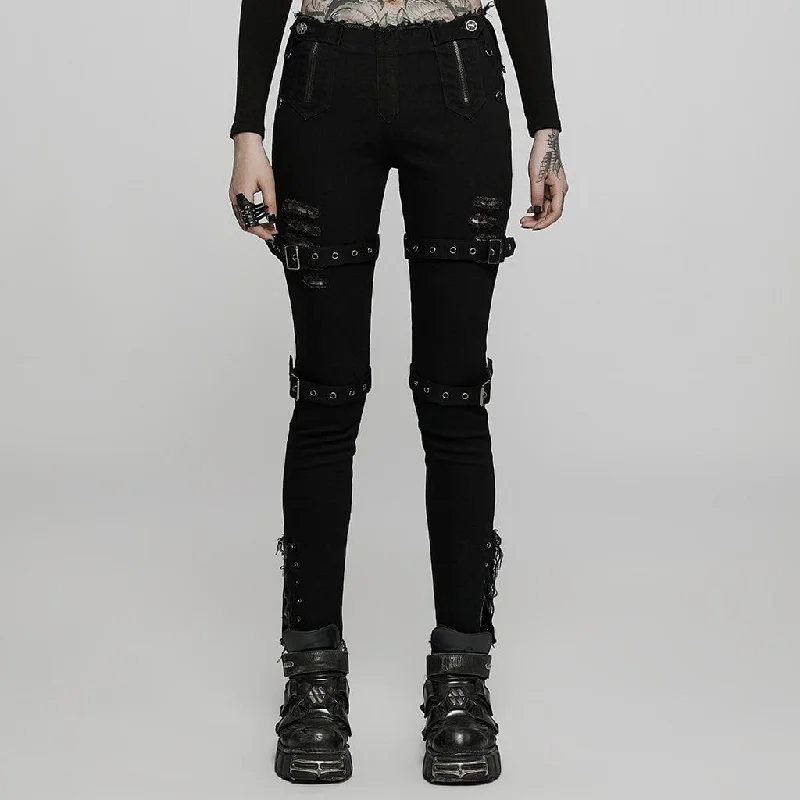 Women's pants with hidden pockets Embellished women jeans with studs or rhinestones for a glamorous touch Women's Punk Ripped Straps Skinny Jeans Women's pants with hidden pockets Embellished women jeans with studs or rhinestones for a glamorous touch Women's Punk Ripped Straps Skinny Jeans