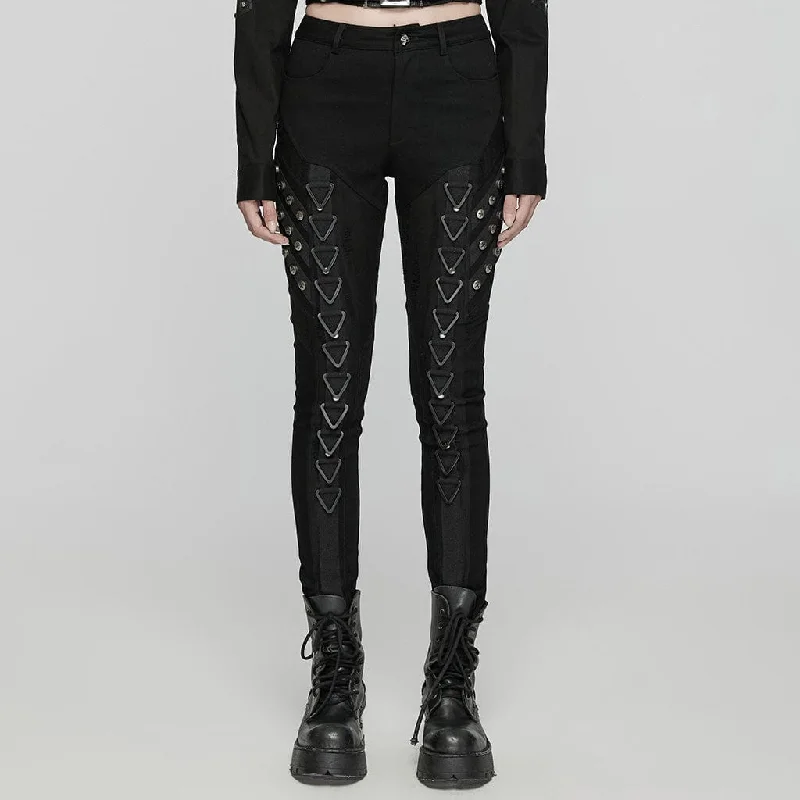 Women's pants with moisture - wicking technology High - rise flare women jeans for a 70s - inspired look Women's Punk Triangular Buckle Splice Mesh Pants Women's pants with moisture - wicking technology High - rise flare women jeans for a 70s - inspired look Women's Punk Triangular Buckle Splice Mesh Pants