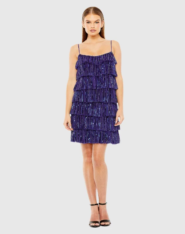 Blue Beaded Strap Sequin Ruffle Mini Dress