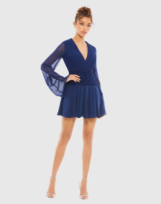 Pleated Bell Sleeve Chiffon Mini Dress - FINAL SALE