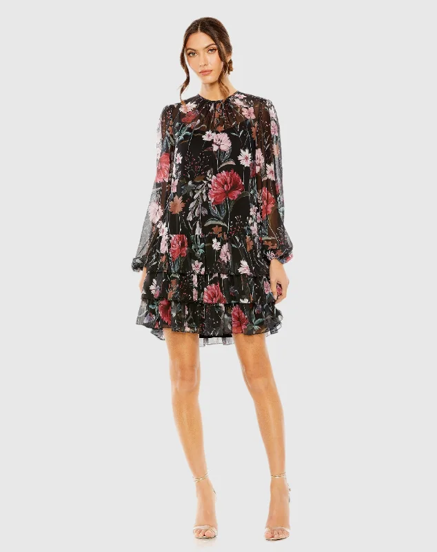 Mini dresses with gathered skirts for a voluminous effectFloral Print High Neck Ruffle Hem Mini Dress