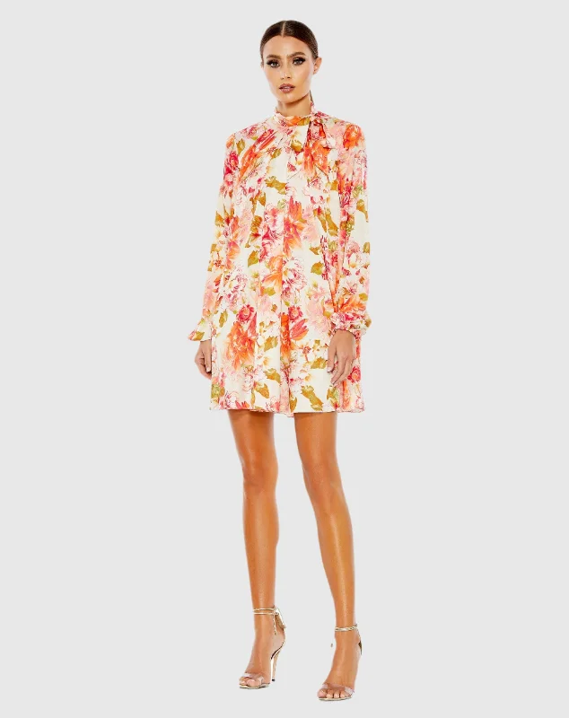Cotton mini dresses for a comfortable everyday optionFloral Print High Neck Tie Puff Sleeve Flowy Mini Dress