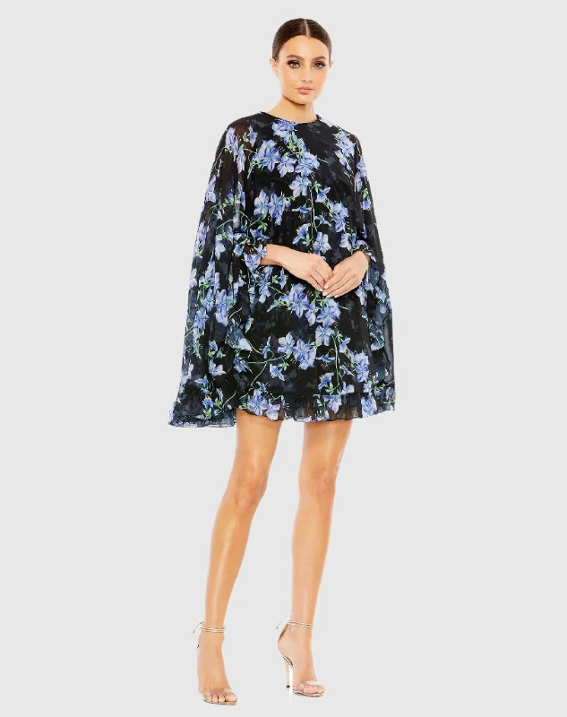 Floral Print High Neck Ruffle Hem Cape Mini Dress