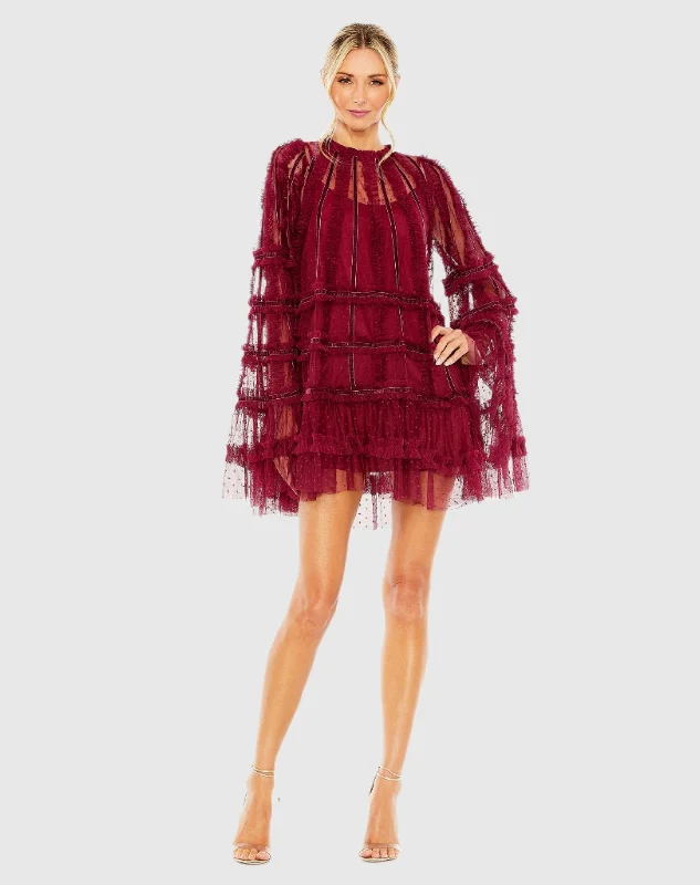 Red High Neck Ruffle Bell Sleeve Trapeze Dress