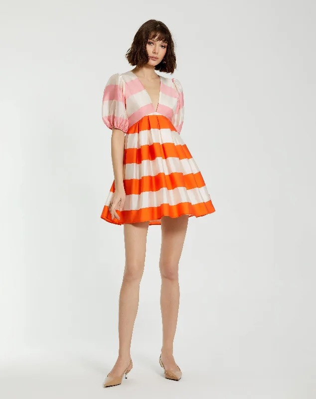 Mini dresses with ribbed textures for a unique appearanceOrganza Striped Balloon Sleeve Mini Dress