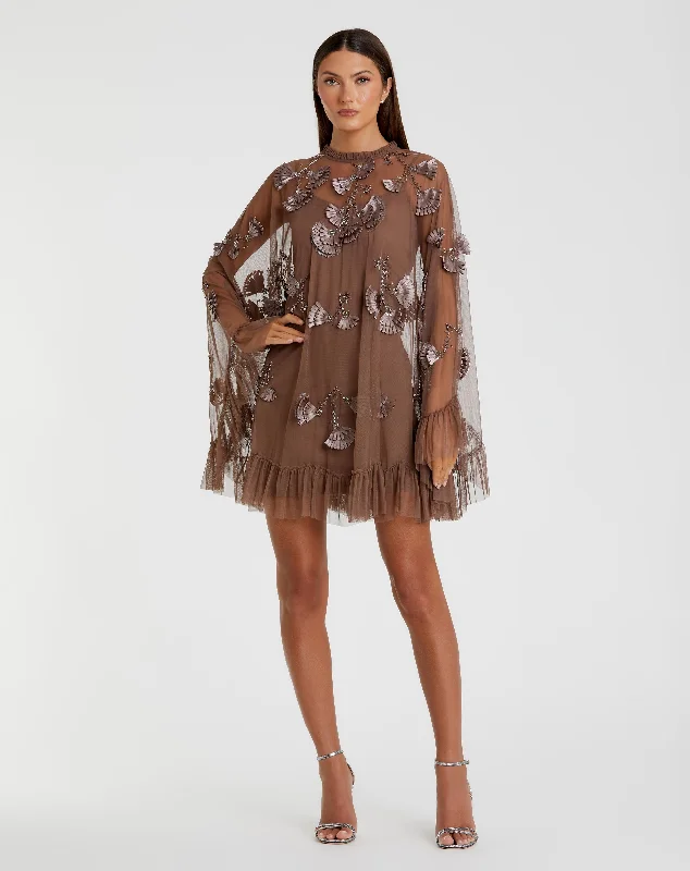 Mini dresses with pocket details for added functionalityChocolate Embellished Long Flare Sleeve Mesh A-Line Dress