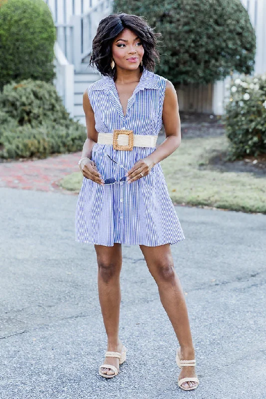Mini dresses with cut - out details for a trendy lookA Little Prep In My Step Blue Stripe Collar Button Up Mini Dress FINAL SALE