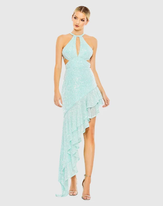 Mini dresses with cut - out details for a trendy lookBlue Sequined Halter Cut Out Ruffle Asymmetrical Dress