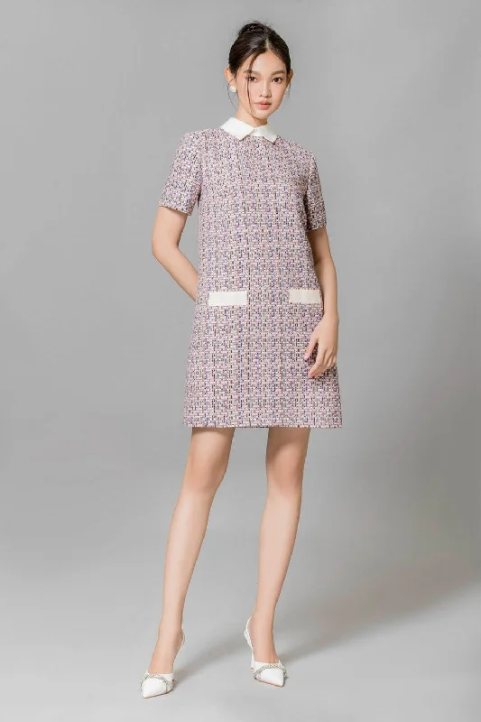 Mini dresses with fringe for a bohemian styleAveri Trapezoid Collared Neck Tweed Mini Dress