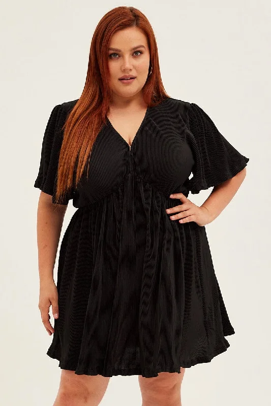 Mini dresses with pocket details for added functionalityBlack Mini Dress V-neck Short Sleeve Plisse Mini dresses with pocket details for added functionalityBlack Mini Dress V-neck Short Sleeve Plisse
