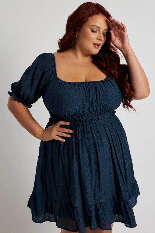 Strapless mini dresses for a beach vacationBlue Mini Dress Gather Waist Frill Hem