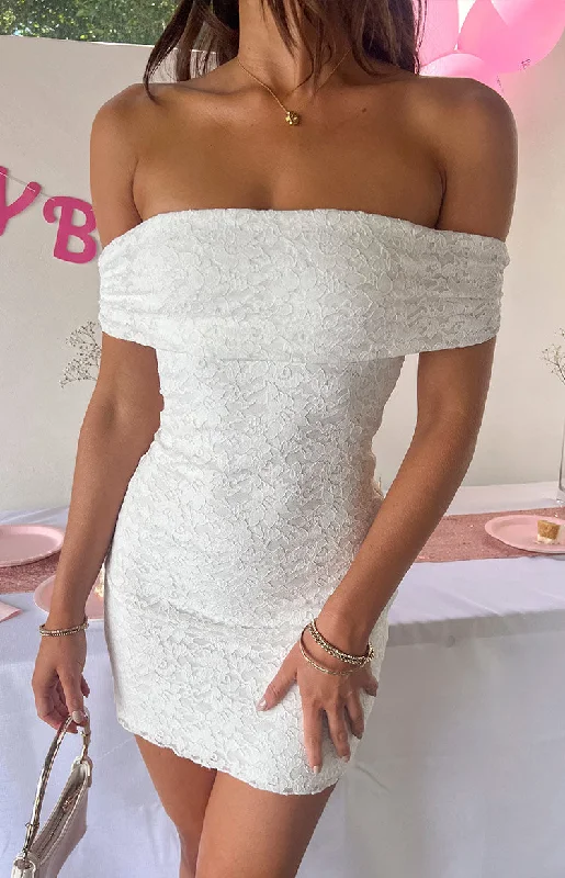 Mini dresses with abstract prints for an artistic lookBritney White Lace Off The Shoulder Mini Dress