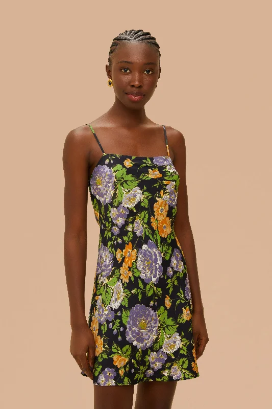 Mini dresses with pom - pom trims for a playful feelCapri Floral Black Sleveless Mini Dress