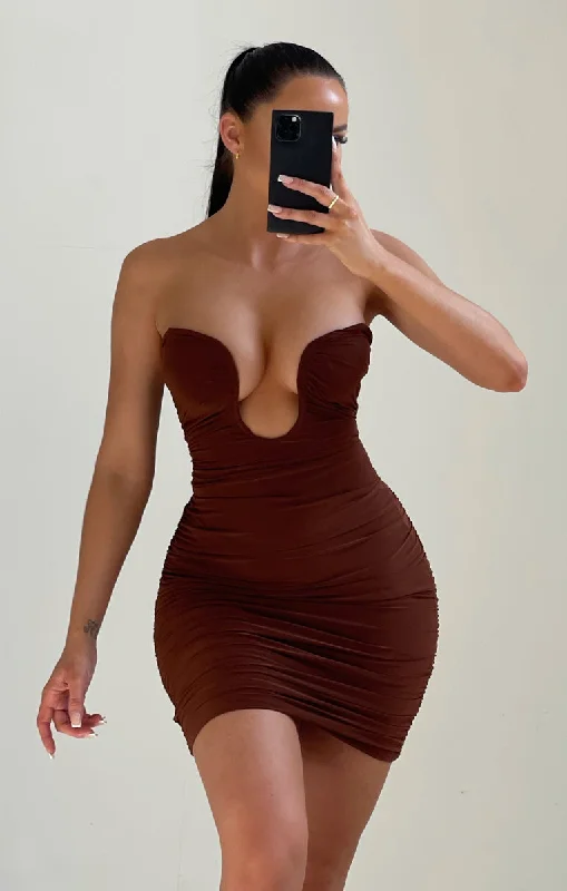 Mini dresses with ruched bodices for a feminine touchChocolate Strapless Ruched Plunge Bodycon Mini Dress - Ampika