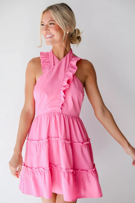 Mini dresses with keyhole necklinesFINAL SALE - Cutest Feeling Pink Halter Ruffle Mini Dress
