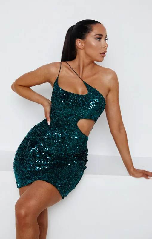 Mini dresses with pom - pom trims for a playful feelEmerald Sequin One Shoulder Cut Out Bodycon Mini Dress - Iris Mini dresses with pom - pom trims for a playful feelEmerald Sequin One Shoulder Cut Out Bodycon Mini Dress - Iris