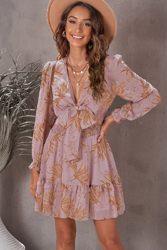 Mini dresses with mesh panels for a sexy and trendy lookFloral Deep V Flounce Sleeve Mini Dress