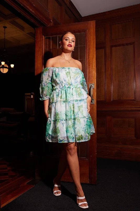 Mini dresses with criss - cross backs for a flirty lookGreen Floral Mini Dress Short Puff Sleeve Chiffon Frill Mini dresses with criss - cross backs for a flirty lookGreen Floral Mini Dress Short Puff Sleeve Chiffon Frill