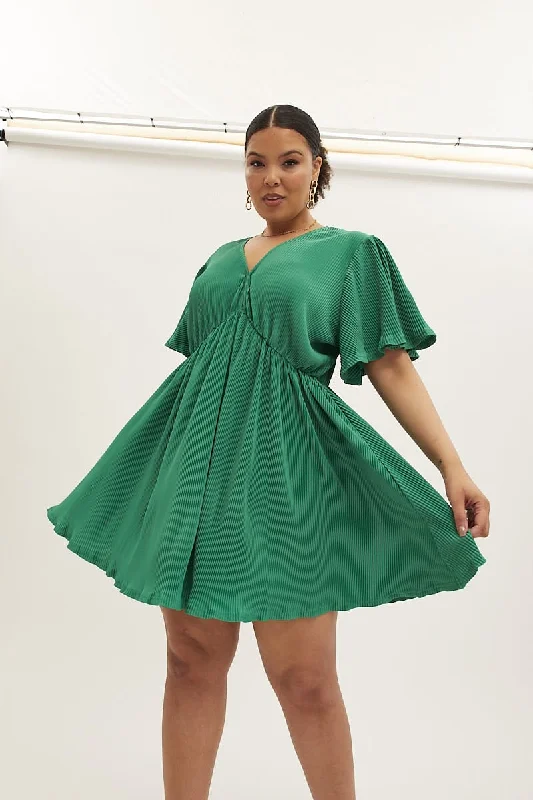 Sheer mini dresses with lace insertsGreen Mini Dress V-neck Short Sleeve Plisse