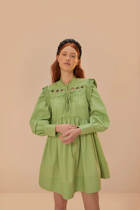 Sheer mini dresses with lace insertsGreen Open Yoke Mini Dress