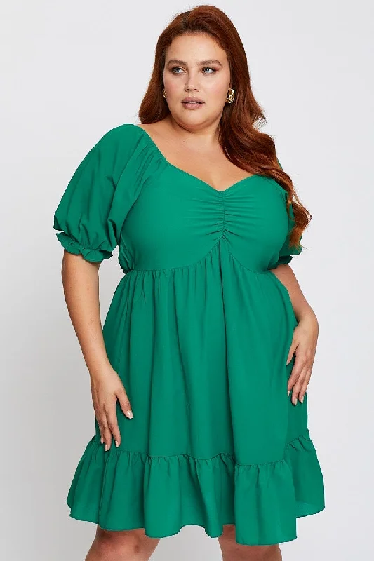 Mini dresses with cut - out details for a trendy lookGreen Short Puff Sleeve Gather Frill Hem Dress Mini dresses with cut - out details for a trendy lookGreen Short Puff Sleeve Gather Frill Hem Dress