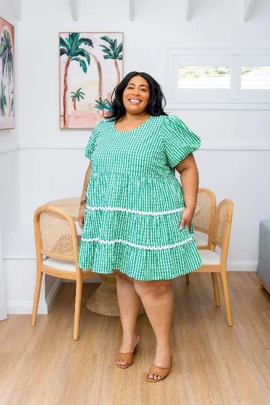 Mini dresses with cut - out details for a trendy lookGreta Party Dress in Gingham Green Mini dresses with cut - out details for a trendy lookGreta Party Dress in Gingham Green